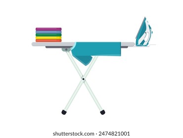 Ironing Board with clothes and iron icon. Vector illustration in flat style