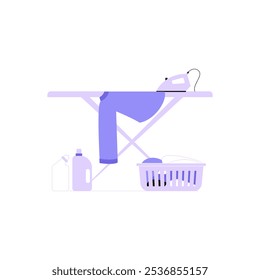 Ironing Board With Clothes And Laundry Supplies In Flat Vector Illustration Symbolizing Household Chores, Clothes Care, And Laundry Routine, Isolated On White Background