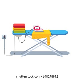 Ironing board with clothes stack and shirt under socket plugged electric iron. Flat style vector illustration isolated on white background.