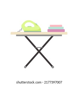 ironing board with electric iron and folded towels, flat style, vector illustration isolated on white background