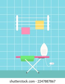 Ironing board with iron, and clothes dryer in laundry room on blue background. Home interior concept. Cartoon flat style. Vector illustration