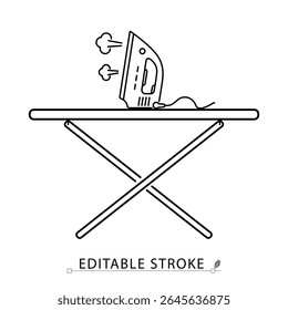 An ironing board with iron icon in minimalist style with editable stroke. Household equipment, steam ironing, laundry item, clothing care, home appliance, outline object, vector line illustration.