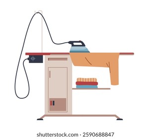 Ironing board with iron and ironed clothes. Household activities and housekeeping. Electronic equipment. Routine home work, laundry. Clean shirts. Cartoon flat isolated vector concept