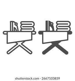 Tabla de planchar con línea de hierro e icono sólido, concepto de higiene corporal. Gráficos de Vector. Limpie la ropa y las toallas, muestra de la ropa en el fondo blanco, icono del estilo del contorno para el móvil o el Diseño web