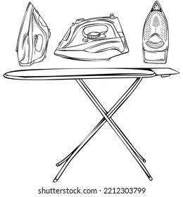 Ironing board. Iron sketch. Black and white sketch. Hand draw. Home appliances. iron. Ironing things. For your design.