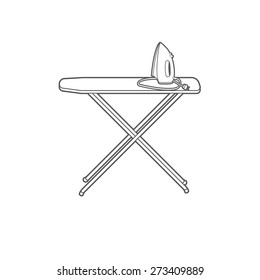 Ironing board and iron. Technical line drawing on white background. Easily Editable vector illustration