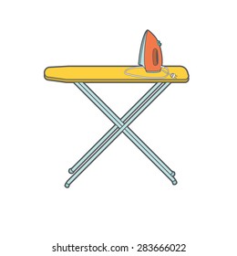 Ironing board and iron. Technical line drawing on white background. Easily Editable vector illustration