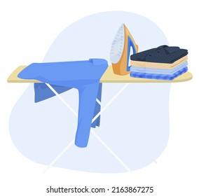 Ironing board with linen clothes stack household vector flat illustration. Chores housekeeping electronic appliance with hot press daily routine housework isolated. Domestic laundry clothing cleaning