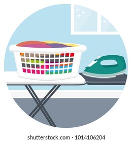 Ironing clothes. House cleaning services vector icon.