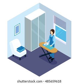 Ironing of clothes isometric composition in white blue tones with woman and board near window vector illustration 