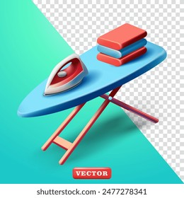 Ironing and folding clothes on the ironing table, 3d vector. Suitable for laundry and design elements