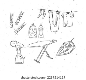 Ironing and laundry accessories clothespin, clothesline, steamer, board, iron, powder, conditioner, linen, wash, soap drawing in graphic style on white background