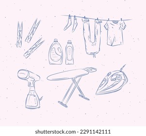 Ironing and laundry accessories clothespin, clothesline, steamer, board, iron, powder, conditioner, linen, wash, soap drawing in graphic style on peach background