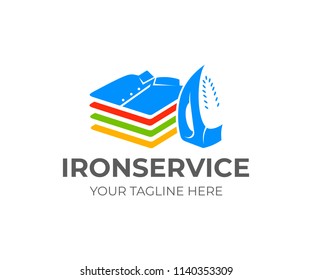 Ironing And Laundry, Iron And Stack Of Folded Shirts And T-shirts, Logo Design. Vertical Position, Functional Modern Electric Iron And Pile Of Clothes Or Clothes Stack, Vector Design