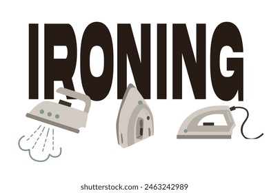 Ironing logo vector. Set of flat beige irons. Electrical household appliances. Black vector lettering Ironing. Logo for hardware store, iron shop