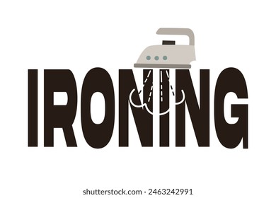 Ironing logo vector. Set of flat beige irons. Electrical household appliances. Black vector lettering Ironing. Logo for hardware store, iron shop