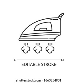 Ironing pixel perfect linear icon. Laundry service, flatiron. Smoothing iron with steam. Thin line customizable illustration. Contour symbol. Vector isolated outline drawing. Editable stroke