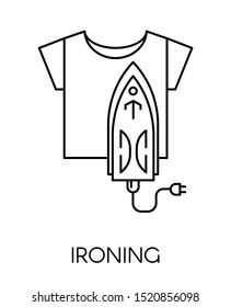Ironing service of cleaning company, iron and shirt vector. Isolated icon of clothes and appliance making clothing surface smooth. Care for fabric and textile flat style colorless illustration