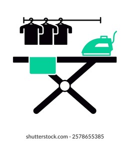 Ironing Services – Clothes on Ironing Board with Iron Representing Professional Fabric Care and Smooth, Wrinkle-Free Clothing. Vector illustration.