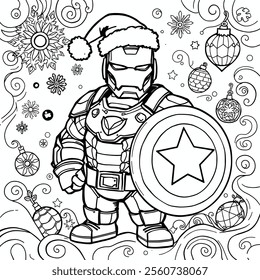 ironman Wearing a Santa Costume and Holding a Shield. Coloring page for kids. Creativity and Education.