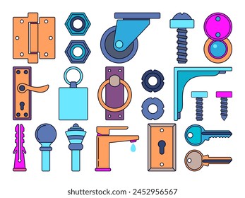 Ironmongery Element Illustration set. Different types of hardware and tools presented on a white background.