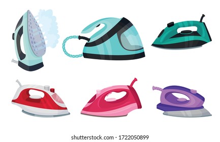 Irons as Electric Household Appliance for Steaming Clothes Vector Set