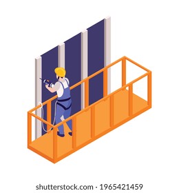 Ironworker working with drill standing in construction cradle isometric vector illustration