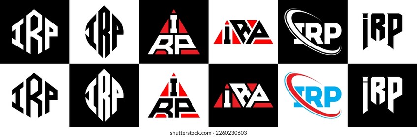 IRP letter logo design in six style. IRP polygon, circle, triangle, hexagon, flat and simple style with black and white color variation letter logo set in one artboard. IRP minimalist and classic logo