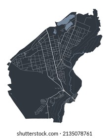 Mapa vectorial de acolchado. Mapa vectorial detallado del área administrativa de la ciudad de Irpin. Vista de la aria metropolitana de Cityscape poster. Tierra negra con caminos blancos y avenidas. Fondo blanco.