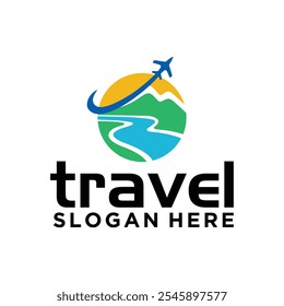 irplane flying over a globe with mountains and a river. The logo symbolizes adventure, exploration, and global travel.