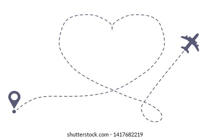 irplane route in dotted line shape. Abstract airplane flying on white background. Travel concept vector illustration