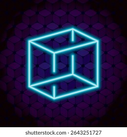 Cubo Irracional Uma Faceta de Linha Brilhante Estilo de Sinal de Néon Figura Geométrica Impossível Inspirado por Escher - Objeto Isométrico Azul no Padrão de Repetição Papel de Parede Fundo - Vetor Contorno Design Gráfico