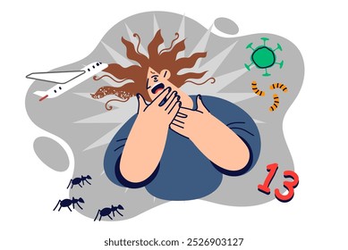 Irrational phobias or fears in woman who is afraid of airplanes and number 13 or phobias insects and bacteria. Aerophobia with insectophobia and triskaidekaphobia with misophonia destroy personality