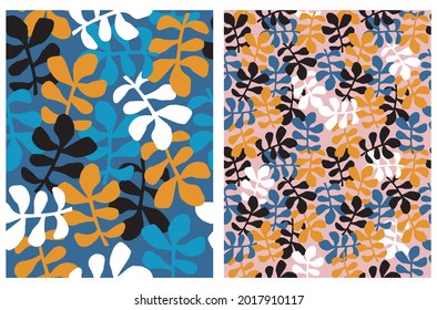 Irregular Abstract Floral Vector Patterns. Simple Hand Drawn Leaves and Twigs on a Light Pink and Blue Background. Infantile Style Abstract Garden with Black, Orange, Blue and White Twigs.