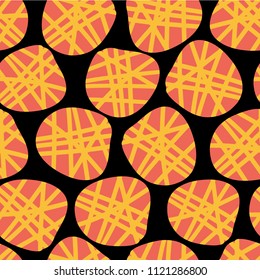 Irregular abstract shapes. orange and yellow dots on a black background. Vector seamless pattern. Great for fabric prints, paper projects, and packaging.