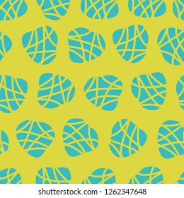 Irregular abstract shapes. Teal dots on a lime green background. Vector seamless pattern. Great for fabric prints, paper projects, and packaging.
