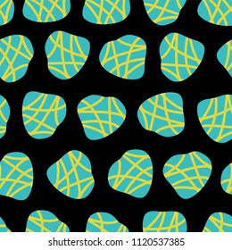 Irregular abstract shapes. Teal and lime dots on a black background. Vector seamless pattern. Great for fabric prints, paper projects, and packaging.