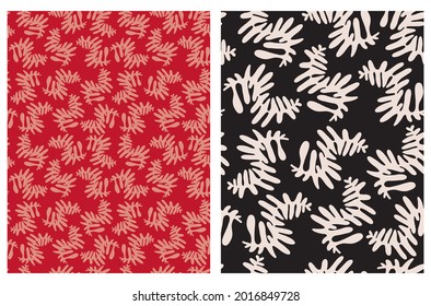 Irregular Abstract Twigs Vector Patterns. Simple Hand Drawn Pink and Beige Leaves on a Black and Red Background. Geometric Backdrop. Infantile Style Abstract Dotted Print.