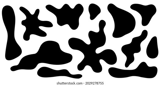 Irregular amorphous blob shapes, liquid amoeba asymmetric forms. Black ink puddle splash, fluid stain isolated on white background. Vector illustration