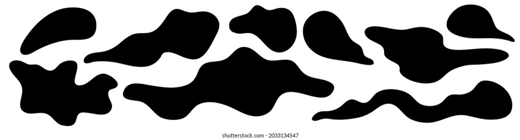 Irregular amorphous blob shapes, liquid amoeba asymmetric forms. Black ink puddle splash, fluid stain isolated on white background. Vector illustration