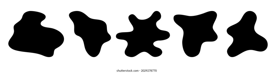 Irregular amorphous liquid shapes, black organic fluid blot, simple ink stain isolated on white background. Flat style design, vector illustration. Template elements for banner