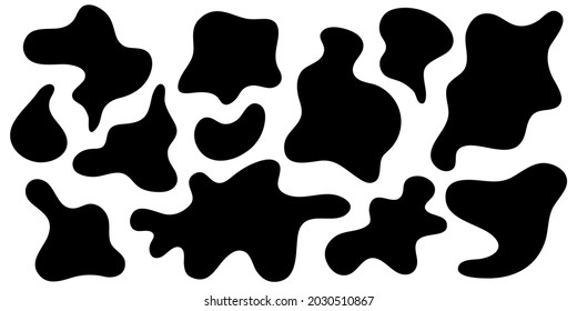 Irregular amorphous liquid shapes, black organic fluid blot, simple ink stain isolated on white background. Random flowing forms. Flat style design, vector illustration. 