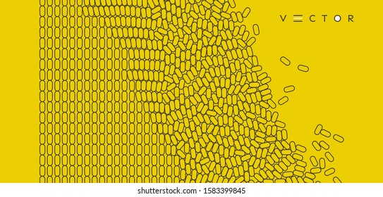 Irregular array or matrix of random ovals. Background breaking down into small fragments.