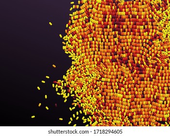 Irregular array or matrix of random ovals. Background breaking down into small fragments. Motion vector illustration. 