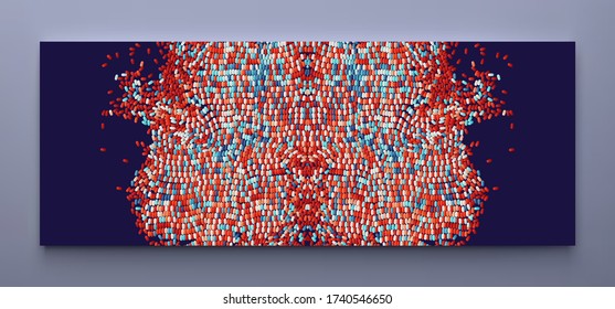 Irregular array or matrix of random ovals. Background breaking down into small fragments. Motion vector illustration. 