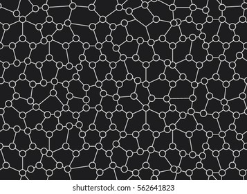 irregular asymmetric abstract linear grid with circles in nodes, white outline on black background, vector seamless pattern 