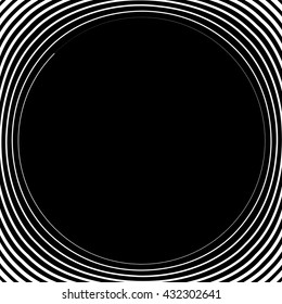 Irregular / asymmetric radiating circular abstract geometric element. Monochrome vector illustration. Radial rings, lines