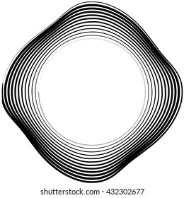 Irregular / asymmetric radiating circular abstract geometric element. Monochrome vector illustration. Radial rings, lines