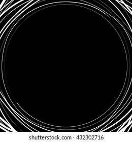 Irregular / asymmetric radiating circular abstract geometric element. Monochrome vector illustration. Radial rings, lines