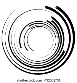 Irregular / asymmetric radiating circular abstract geometric element. Monochrome vector illustration. Radial rings, lines